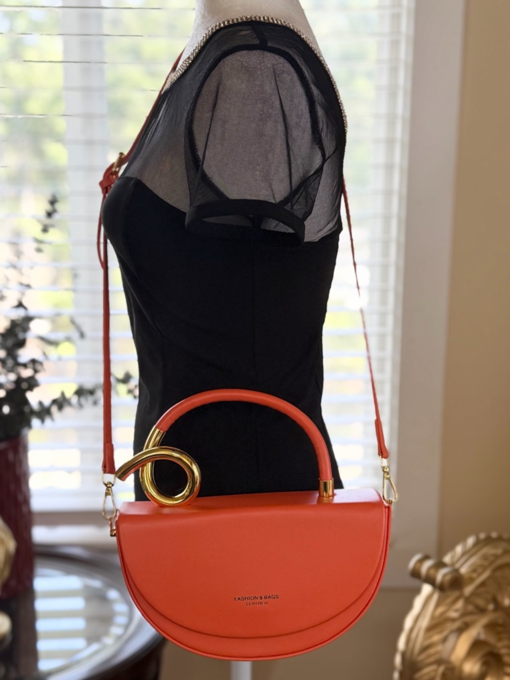 Coral Orange Half-Moon Leather Crossbody Bag